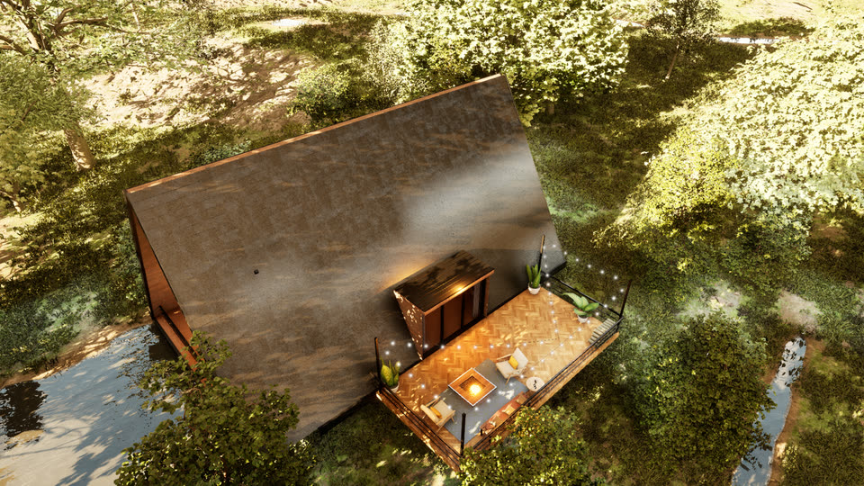 Aerial view of the cabin roof and deck in the forest
