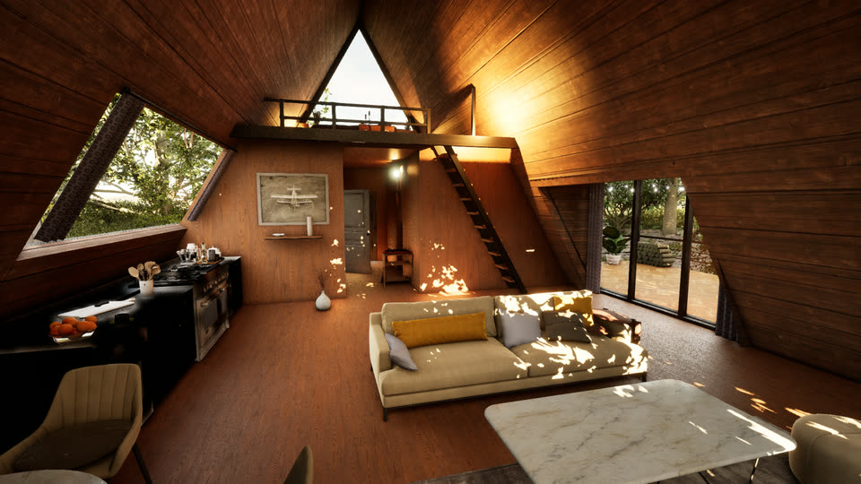 Open kitchen and living space with the loft above