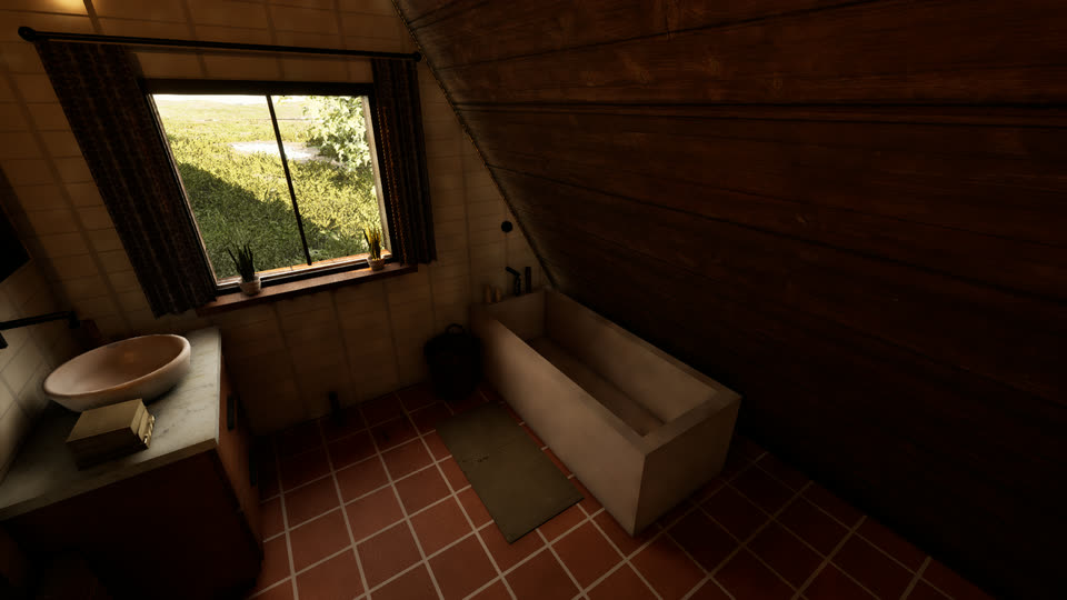 Freestanding tub beside a window on a terracotta tile floor, daytime