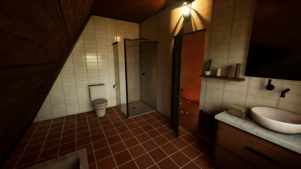 Glass shower and vessel-sink vanity in the bathroom, daytime