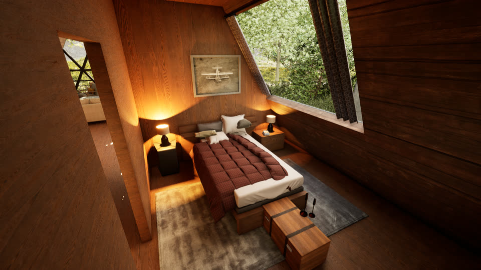 Downstairs bedroom with a bed between two lamps, daytime