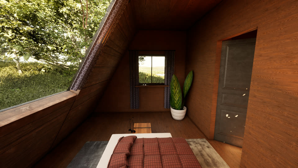 Bedroom looking toward a window and a potted plant, daytime