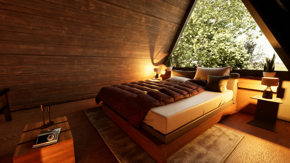 Loft bed seen on the diagonal beneath the sloped ceiling, daytime