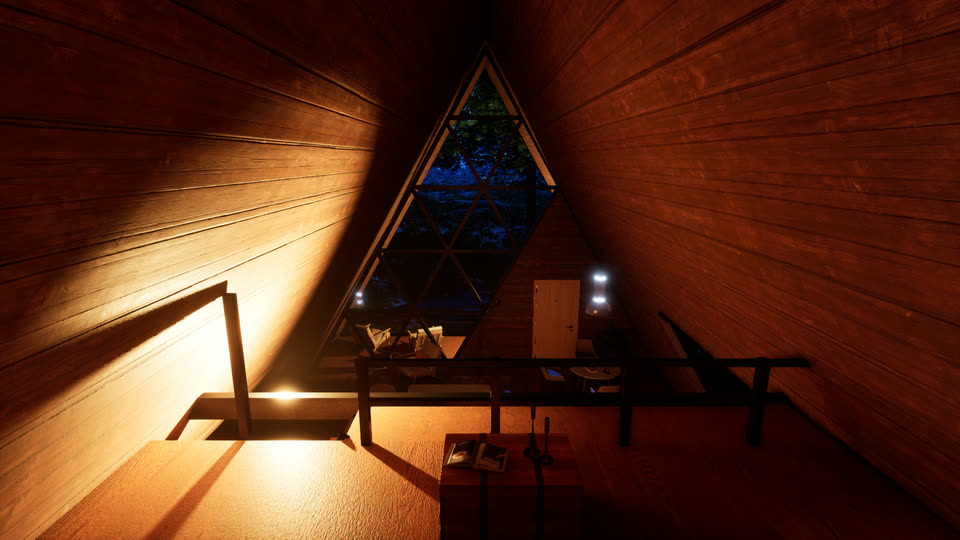 The loft looking out through the gable window, at night