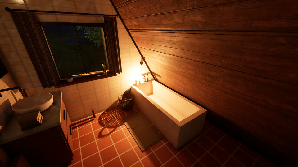 Freestanding tub beside a window on a terracotta tile floor, at night