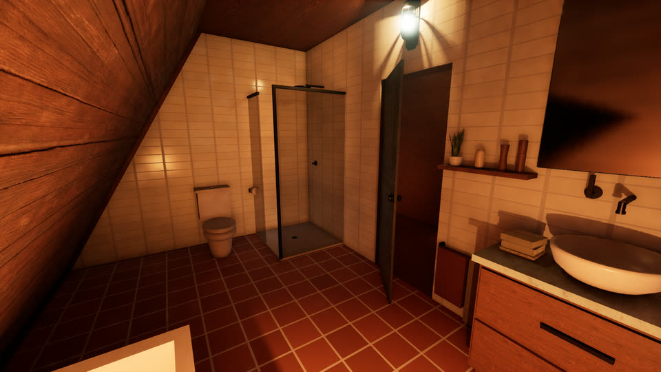 Glass shower and vessel-sink vanity in the bathroom, at night