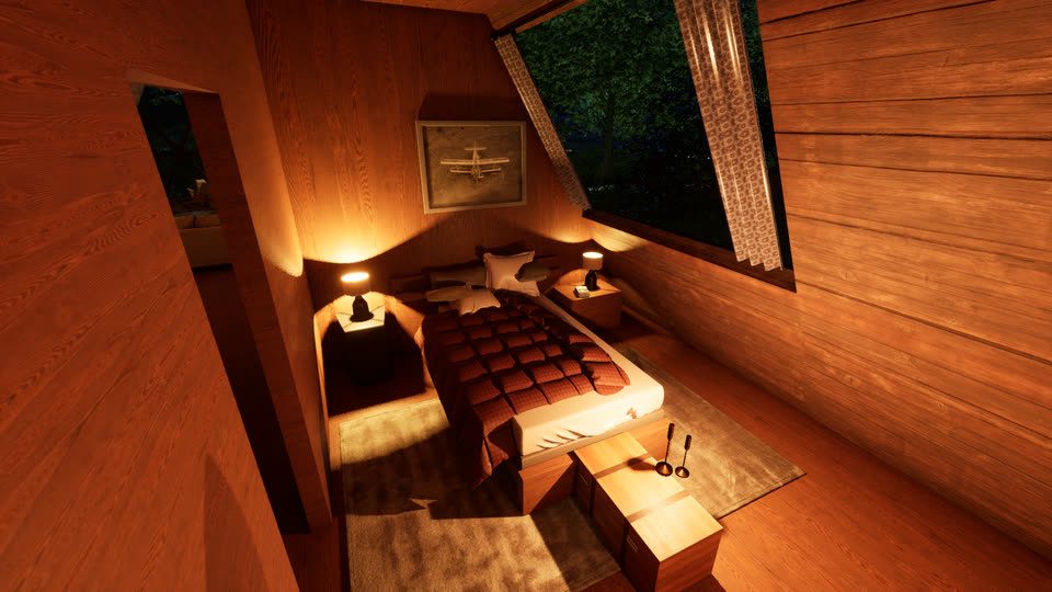 Downstairs bedroom with a bed between two lamps, at night