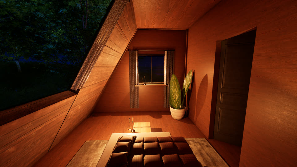 Bedroom looking toward a window and a potted plant, at night