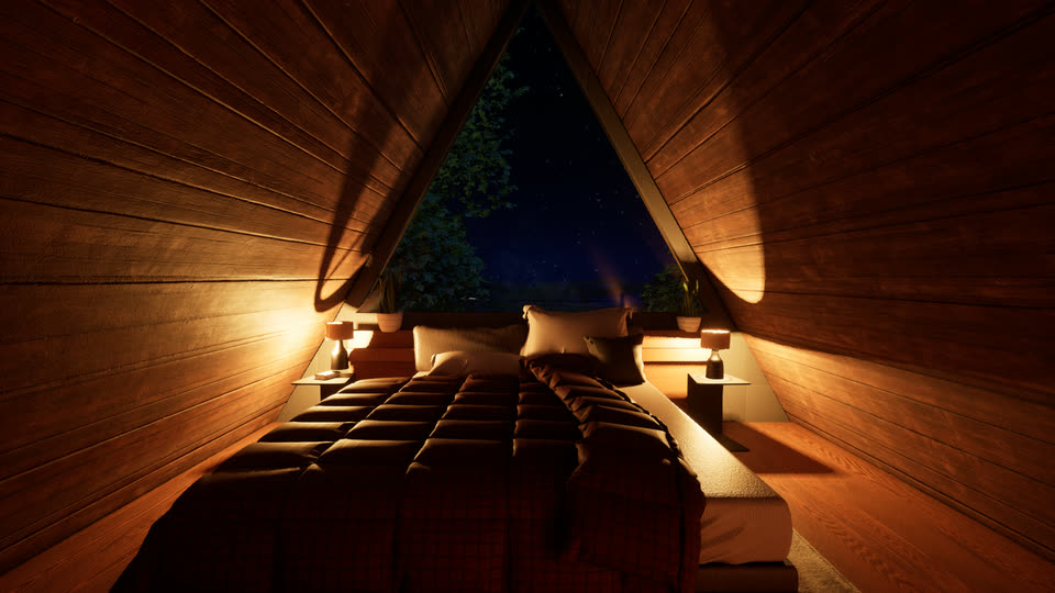 Loft bed centered under the peak of the A-frame, at night