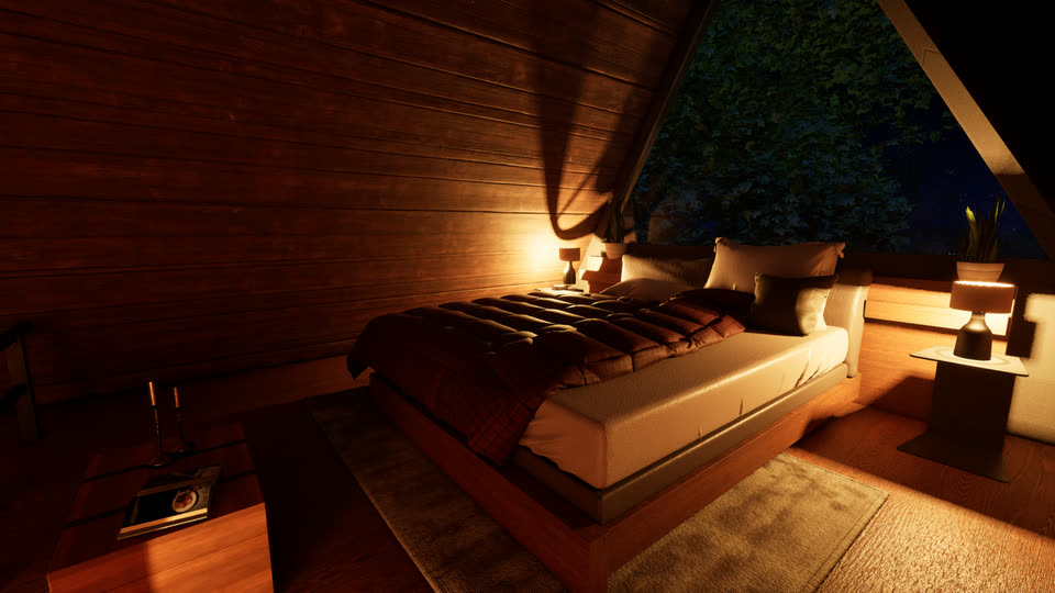 Loft bed seen on the diagonal beneath the sloped ceiling, at night