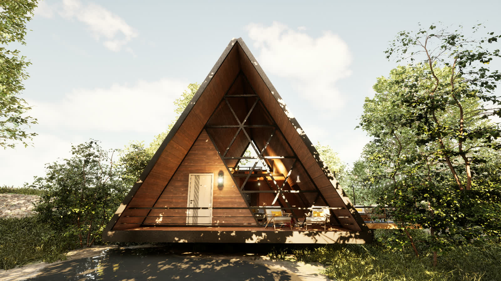 An A-frame cabin in a forest clearing, shown by day and then lit from within at night